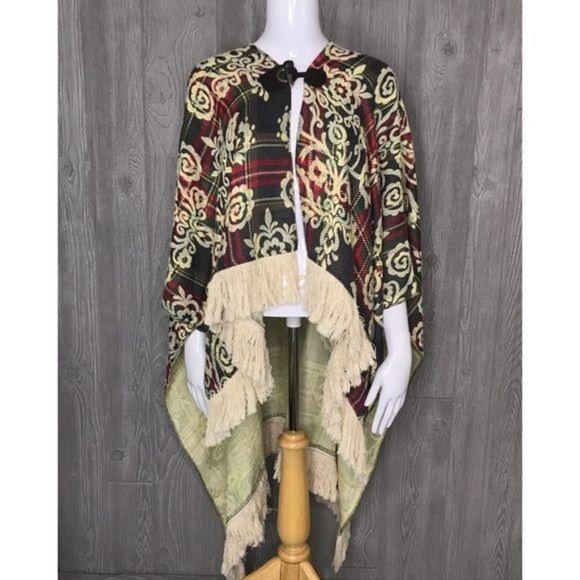 Oversized poncho floal scroll design fringe sweatshirt sweater xs - Picture 1 of 8